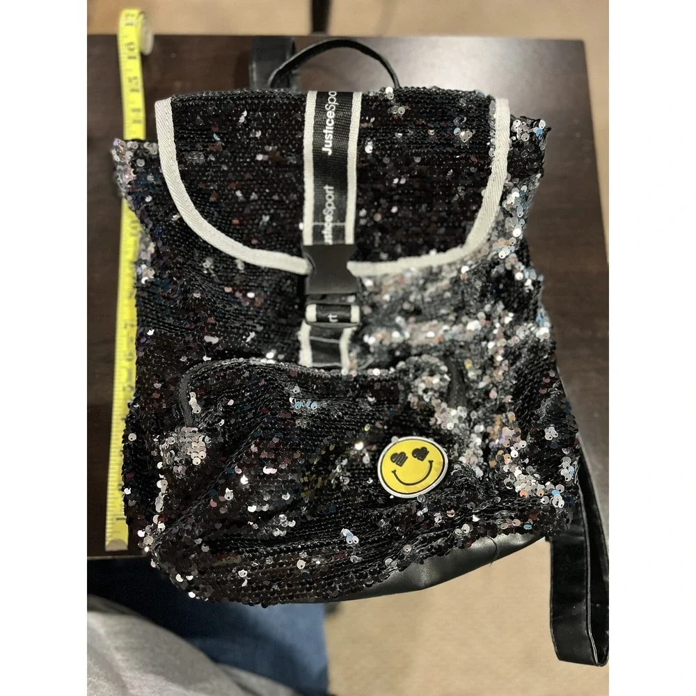Justice Sport Black Sequin Backpack Bookbag Sequin‎ Bling School NWOT